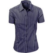 Ladies Stretch Yarn Dyed Contrast Stripe Sh irts -Short Sleeve