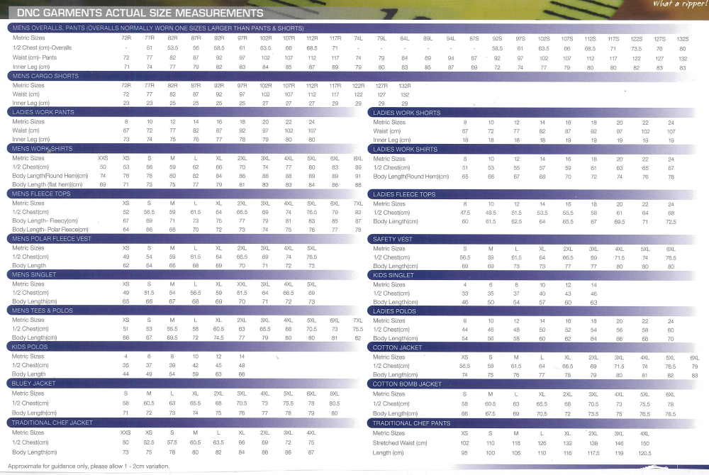 Size Chart - DNC Workwear - workwear, work wear, clothing, winter wear,  polo shirts, corporate clothing